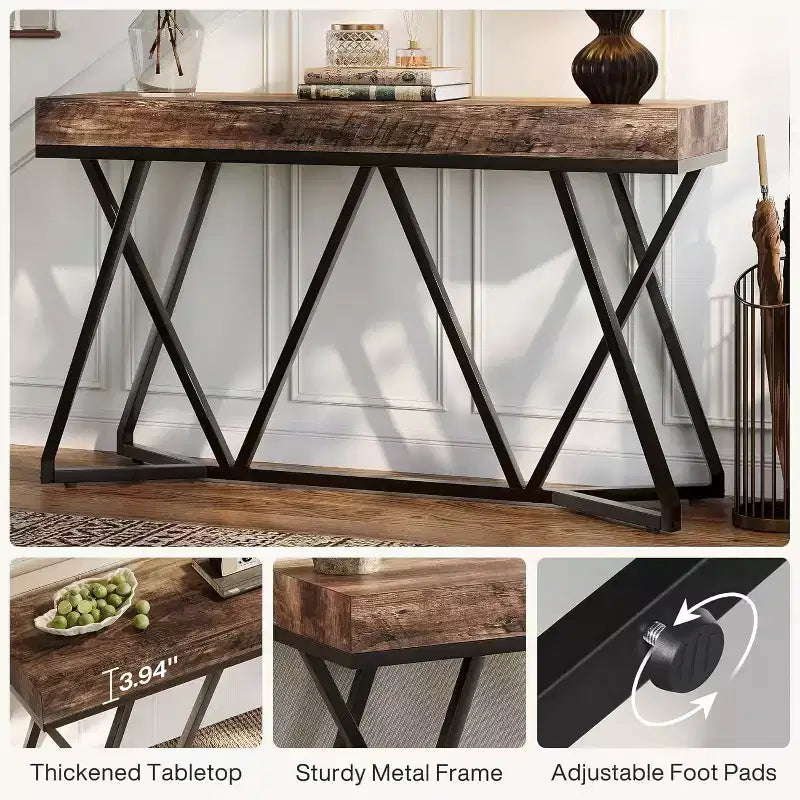 Lantine 55 Console Tables for Entryway, Industrial Wooden Sofa Table, Entryway Furniture with Geometric Metal Base for Living Room, Hallway