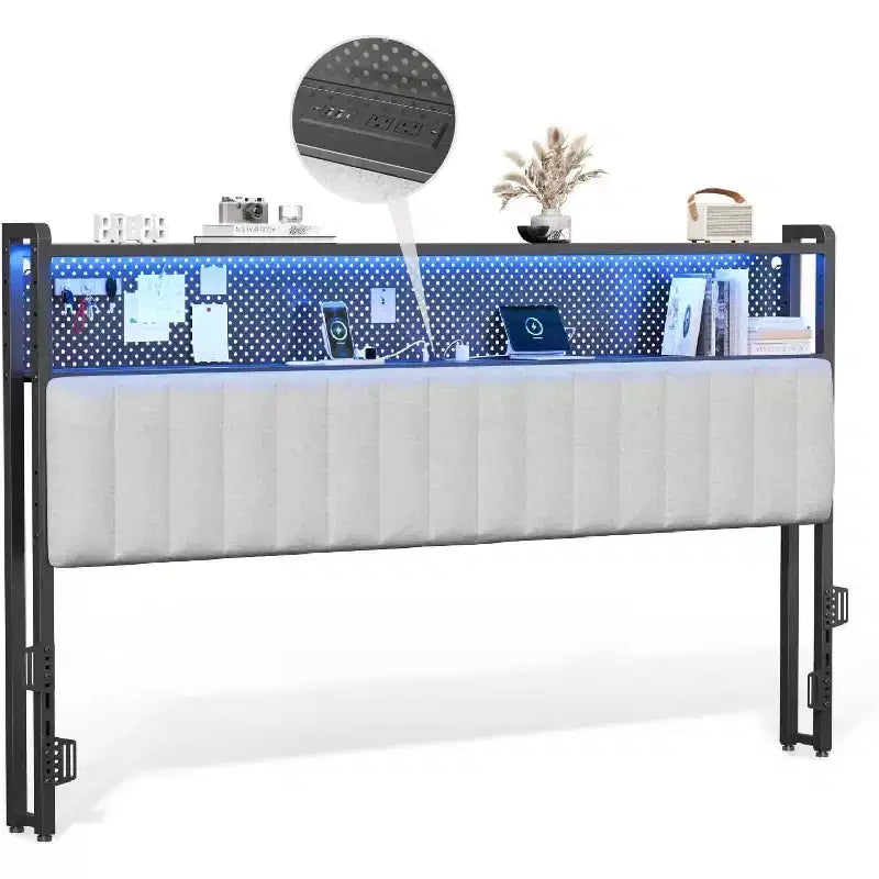 VINGLI eadboard, Adjustable Upholstered Headboard with 2 Tier Shelves and Pegboard with Charging Stations and LED Lights