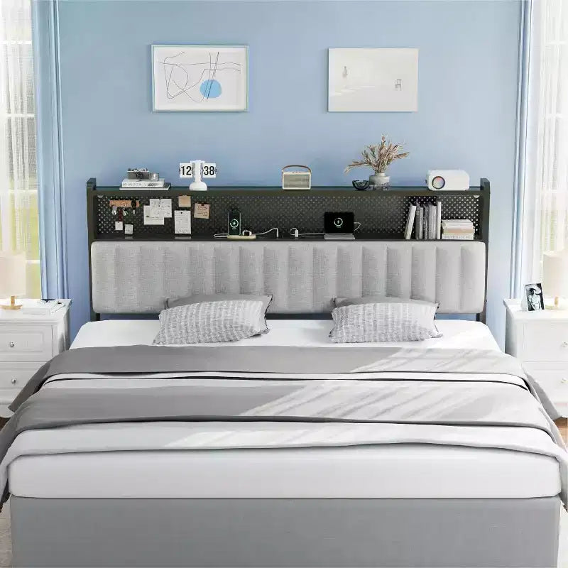VINGLI eadboard, Adjustable Upholstered Headboard with 2 Tier Shelves and Pegboard with Charging Stations and LED Lights