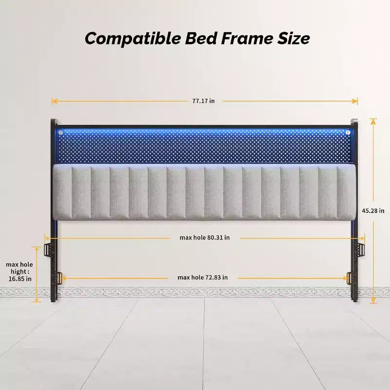 VINGLI eadboard, Adjustable Upholstered Headboard with 2 Tier Shelves and Pegboard with Charging Stations and LED Lights