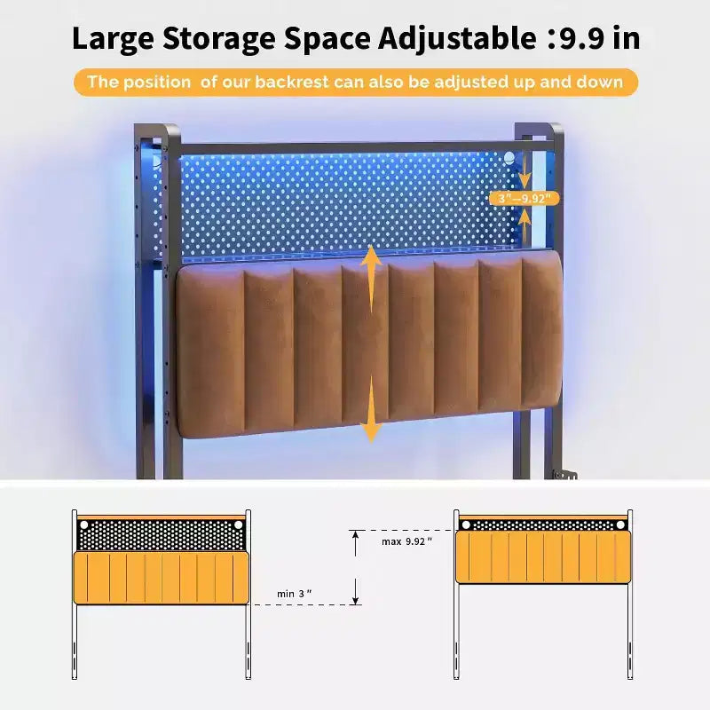 VINGLI eadboard, Adjustable Upholstered Headboard with 2 Tier Shelves and Pegboard with Charging Stations and LED Lights