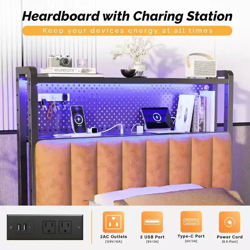 VINGLI eadboard, Adjustable Upholstered Headboard with 2 Tier Shelves and Pegboard with Charging Stations and LED Lights