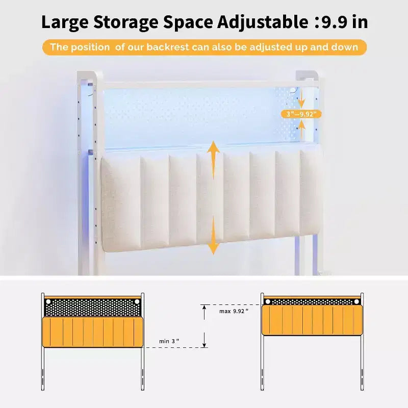 VINGLI eadboard, Adjustable Upholstered Headboard with 2 Tier Shelves and Pegboard with Charging Stations and LED Lights
