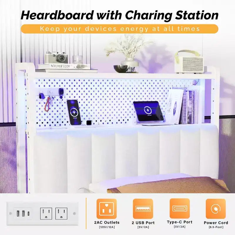VINGLI eadboard, Adjustable Upholstered Headboard with 2 Tier Shelves and Pegboard with Charging Stations and LED Lights