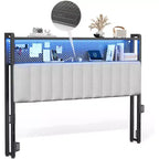 VINGLI eadboard, Adjustable Upholstered Headboard with 2 Tier Shelves and Pegboard with Charging Stations and LED Lights