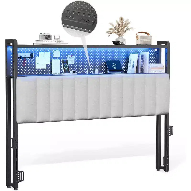 VINGLI eadboard, Adjustable Upholstered Headboard with 2 Tier Shelves and Pegboard with Charging Stations and LED Lights
