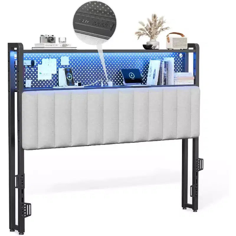 VINGLI eadboard, Adjustable Upholstered Headboard with 2 Tier Shelves and Pegboard with Charging Stations and LED Lights