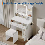 Makeup Vanity with Mirror Vanity Table with Hair Dryer Holder Storage Drawers and Shelves with Upholstered Stool for Bedroom