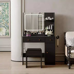Makeup Vanity with Mirror Vanity Table with Hair Dryer Holder Storage Drawers and Shelves with Upholstered Stool for Bedroom