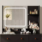 Makeup Vanity with Mirror Vanity Table with Hair Dryer Holder Storage Drawers and Shelves with Upholstered Stool for Bedroom