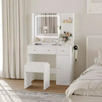 Makeup Vanity with Mirror Vanity Table with Hair Dryer Holder Storage Drawers and Shelves with Upholstered Stool for Bedroom