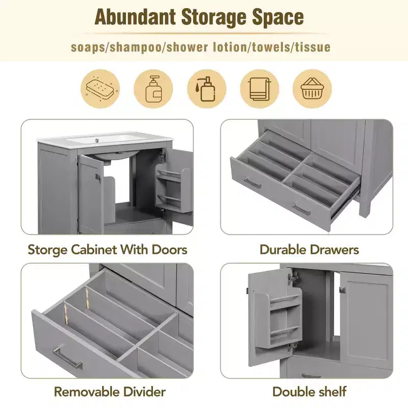 30 Bathroom Vanity with Single Sink, Combo Cabinet Undermount Sink, Bathroom Storage Cabinet with 2 Doors and a Drawer, Soft Closing