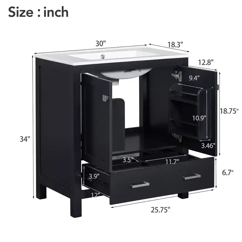 30 Bathroom Vanity with Single Sink, Combo Cabinet Undermount Sink, Bathroom Storage Cabinet with 2 Doors and a Drawer, Soft Closing