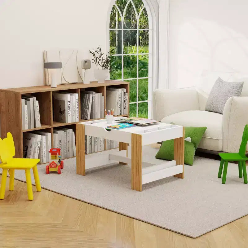 Whisen Kids 2 in 1 Play Table with 7 Storage Compartments, Compatible with LEGO Building Block - White & Green
