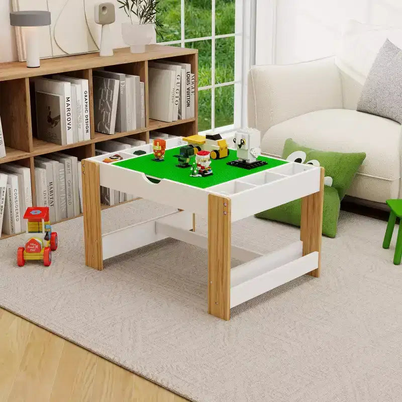 Whisen Kids 2 in 1 Play Table with 7 Storage Compartments, Compatible with LEGO Building Block - White & Green