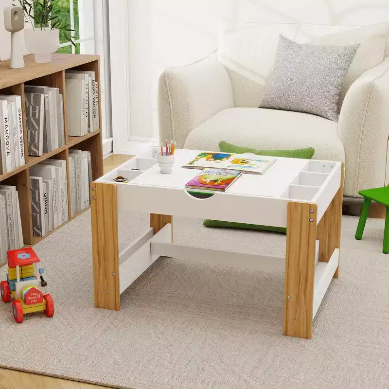 Whisen Kids 2 in 1 Play Table with 7 Storage Compartments, Compatible with LEGO Building Block - White & Green