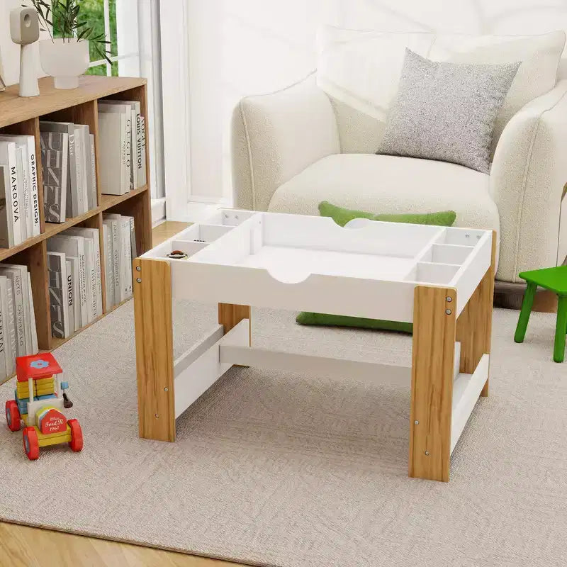 Whisen Kids 2 in 1 Play Table with 7 Storage Compartments, Compatible with LEGO Building Block - White & Green