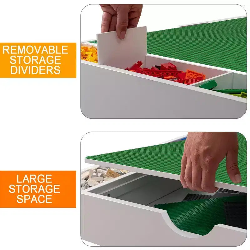 Whisen Kids 2 in 1 Play Table with 7 Storage Compartments, Compatible with LEGO Building Block - White & Green