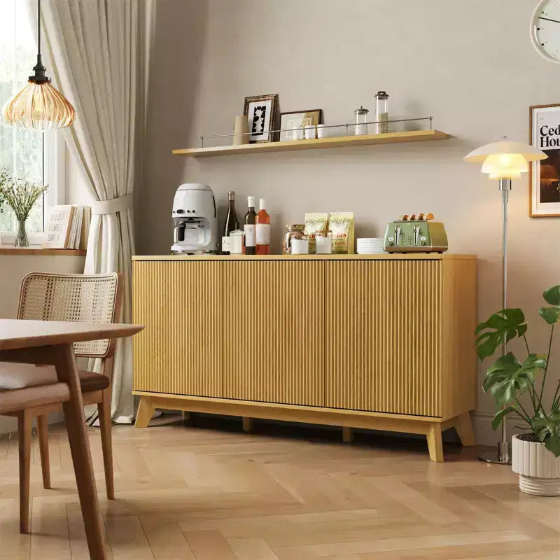 58 Fluted Sideboard Buffet Cabinet with 3 Doors & Adjustable Shelves  Farmhouse Curved Wood Console Table, Coffee Bar Storage Cabinet Cupboard