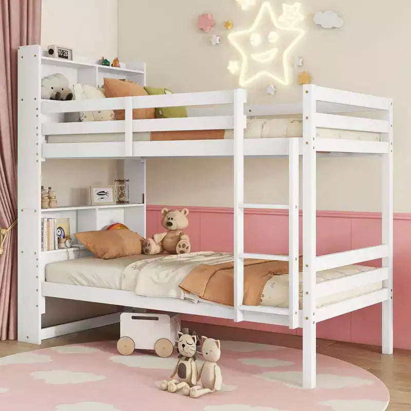 MAYEERTY Twin Bunk Bed with Shelves Headboard Sofety Guardrails and Ladder Cinvertible to 2 Beds for Bedroom White