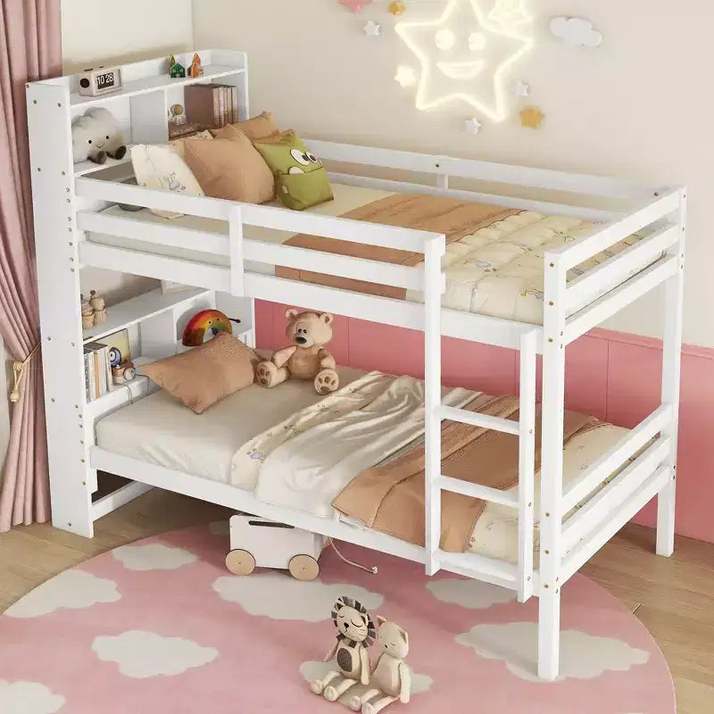 MAYEERTY Twin Bunk Bed with Shelves Headboard Sofety Guardrails and Ladder Cinvertible to 2 Beds for Bedroom White