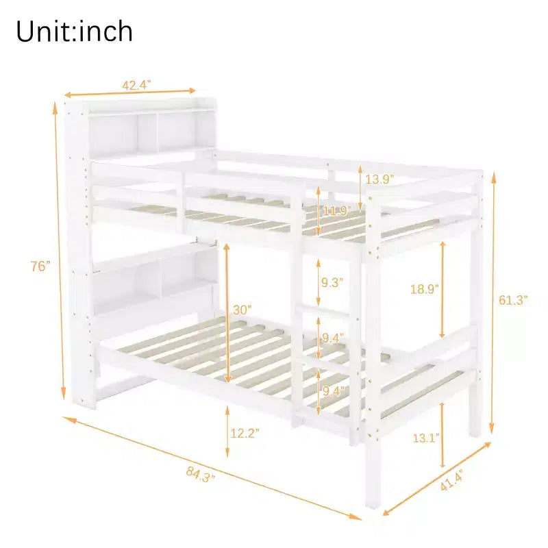MAYEERTY Twin Bunk Bed with Shelves Headboard Sofety Guardrails and Ladder Cinvertible to 2 Beds for Bedroom White
