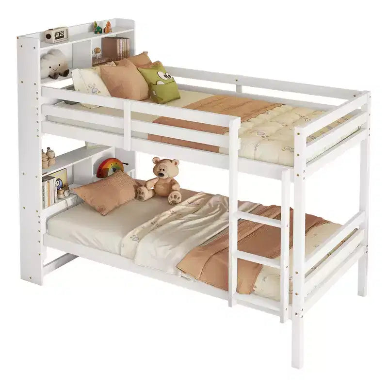 MAYEERTY Twin Bunk Bed with Shelves Headboard Sofety Guardrails and Ladder Cinvertible to 2 Beds for Bedroom White