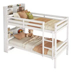 MAYEERTY Twin Bunk Bed with Shelves Headboard Sofety Guardrails and Ladder Cinvertible to 2 Beds for Bedroom White