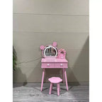 Bear-shaped mirror with bear paw-shaped handles Children's vanity set with 2 drawers Floral-patterned stool Touch-activated three-color mirror White