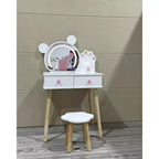 Bear-shaped mirror with bear paw-shaped handles Children's vanity set with 2 drawers Floral-patterned stool Touch-activated three-color mirror White