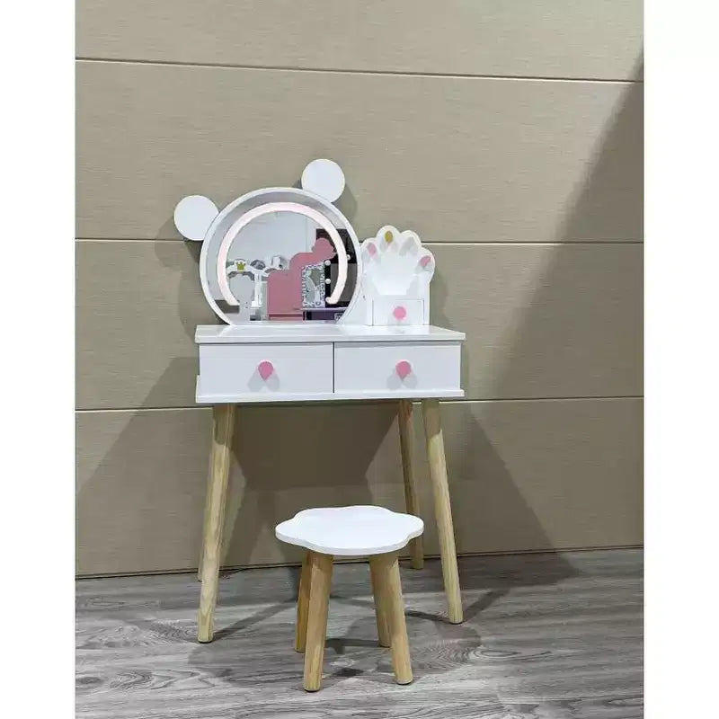 Bear-shaped mirror with bear paw-shaped handles Children's vanity set with 2 drawers Floral-patterned stool Touch-activated three-color mirror White
