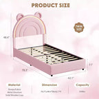 Princess double bed frame with 4 storage drawers and light, velvet upholstered platform bed, rainbow headboard, suitable for children, gray