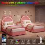 Princess double bed frame with 4 storage drawers and light, velvet upholstered platform bed, rainbow headboard, suitable for children, gray