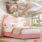 Princess double bed frame with 4 storage drawers and light, velvet upholstered platform bed, rainbow headboard, suitable for children, gray