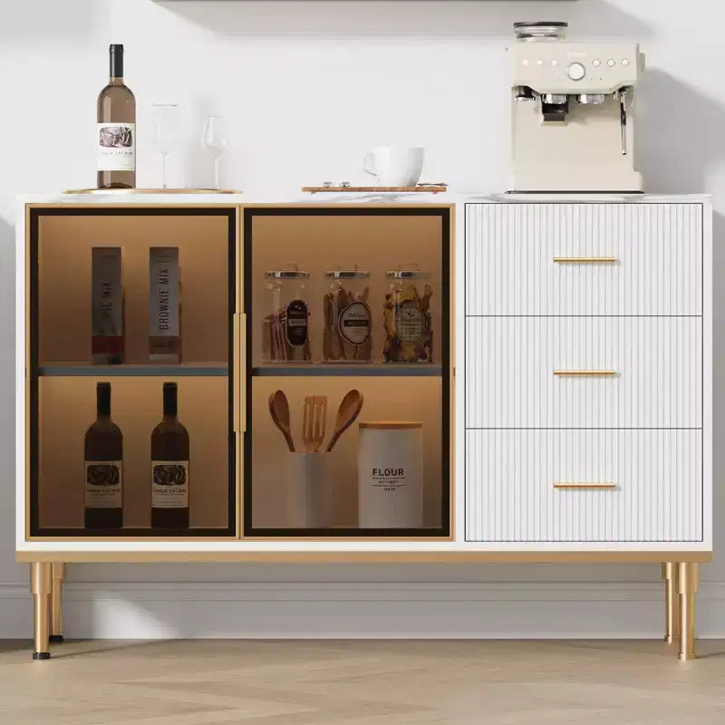 Sideboard Buffet Cabinet with LED Light, Kitchen Storage with 3 Fluted Drawers & Glass Doors, Accent Cabinet Cupboard Buffet Table with Storage