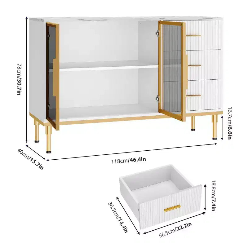 Sideboard Buffet Cabinet with LED Light, Kitchen Storage with 3 Fluted Drawers & Glass Doors, Accent Cabinet Cupboard Buffet Table with Storage