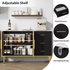 Sideboard Buffet Cabinet with LED Light, Kitchen Storage with 3 Fluted Drawers & Glass Doors, Accent Cabinet Cupboard Buffet Table with Storage