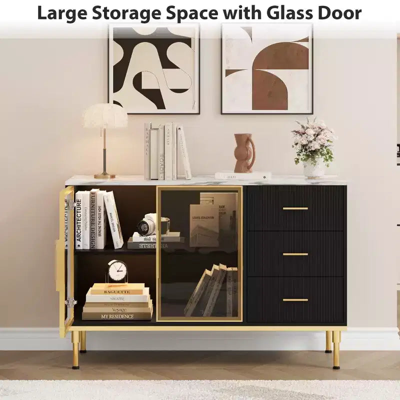 Sideboard Buffet Cabinet with LED Light, Kitchen Storage with 3 Fluted Drawers & Glass Doors, Accent Cabinet Cupboard Buffet Table with Storage