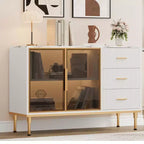 Sideboard Buffet Cabinet with LED Light, Kitchen Storage with 3 Fluted Drawers & Glass Doors, Accent Cabinet Cupboard Buffet Table with Storage