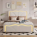 Lit double/grand rembourré avec tête de lit incurvée et réglable en hauteur, cadre de lit en PU avec bande lumineuse LED
