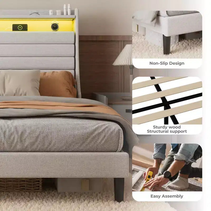 Full Size Bed Frame, Storage Headboard with Charging Station & LED Lights, with Upholstered Headboard, No Box Spring Needed, Easy Assembly, Beige
