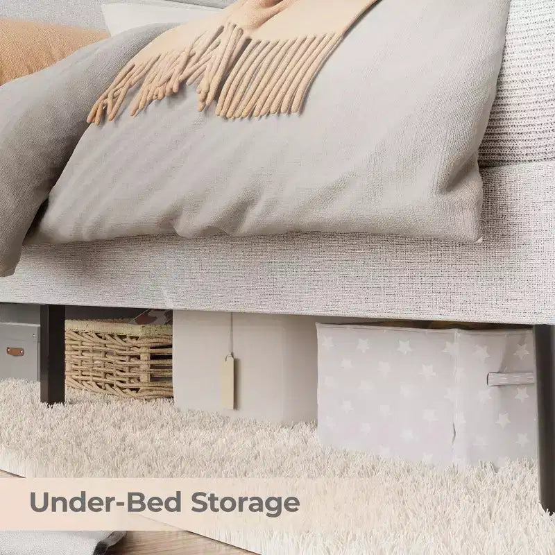 Full Size Bed Frame, Storage Headboard with Charging Station & LED Lights, with Upholstered Headboard, No Box Spring Needed, Easy Assembly, Beige