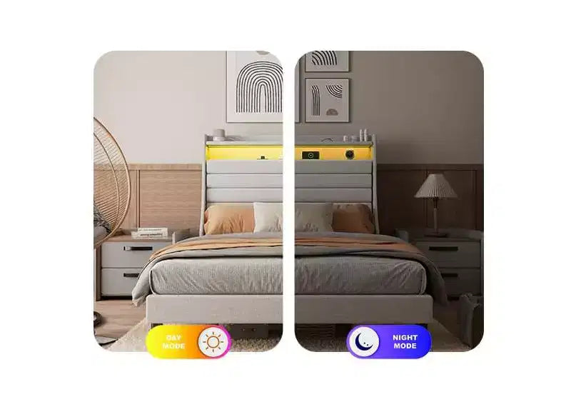 Full Size Bed Frame, Storage Headboard with Charging Station & LED Lights, with Upholstered Headboard, No Box Spring Needed, Easy Assembly, Beige