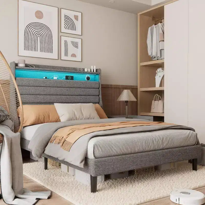 Full Size Bed Frame, Storage Headboard with Charging Station & LED Lights, with Upholstered Headboard, No Box Spring Needed, Easy Assembly, Beige