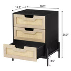 Rattan Nightstand with 3 Drawers, Compact Bedside Table, Wooden Rustic End Table with Storage, Metal Legs, for Bedroom, Living Room, Easy Assembly