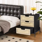 Rattan Nightstand with 3 Drawers, Compact Bedside Table, Wooden Rustic End Table with Storage, Metal Legs, for Bedroom, Living Room, Easy Assembly