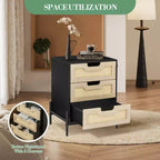 Rattan Nightstand with 3 Drawers, Compact Bedside Table, Wooden Rustic End Table with Storage, Metal Legs, for Bedroom, Living Room, Easy Assembly
