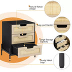 Rattan Nightstand with 3 Drawers, Compact Bedside Table, Wooden Rustic End Table with Storage, Metal Legs, for Bedroom, Living Room, Easy Assembly