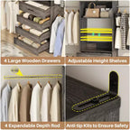 Besiost 4-9 Ft Wooden Closet Organizer System with 4 Drawers, 4 Hanging Rods & Shelving Towers