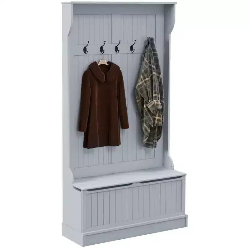 Okak 38IN Entryway Hall Tree with 5 Metal Hooks, Coat Tree with Shoe Storage and Top Door, Freestanding Coat Rack for Living Room, Entryway, Gray